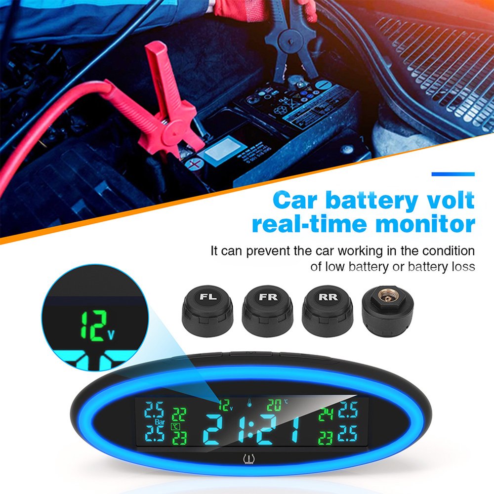 Universal TPMS Wireless Tire Pressure Monitoring System Solar Power Clock LCD Display 4 External Sensor Tire Pressure Sensors