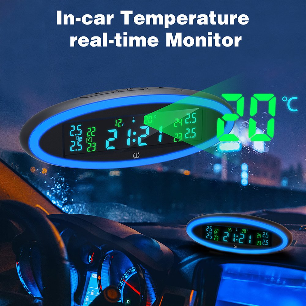 Universal TPMS Wireless Tire Pressure Monitoring System Solar Power Clock LCD Display 4 External Sensor Tire Pressure Sensors