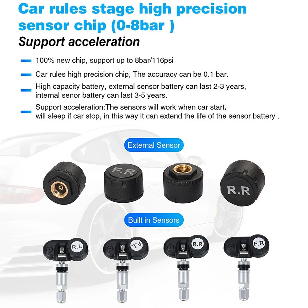 Universal TPMS Wireless Tire Pressure Monitoring System Solar Power Clock LCD Display 4 External Sensor Tire Pressure Sensors