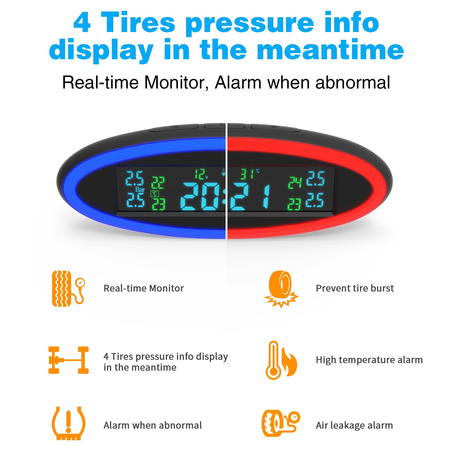 Universal TPMS Wireless Tire Pressure Monitoring System Solar Power Clock LCD Display 4 External Sensor Tire Pressure Sensors