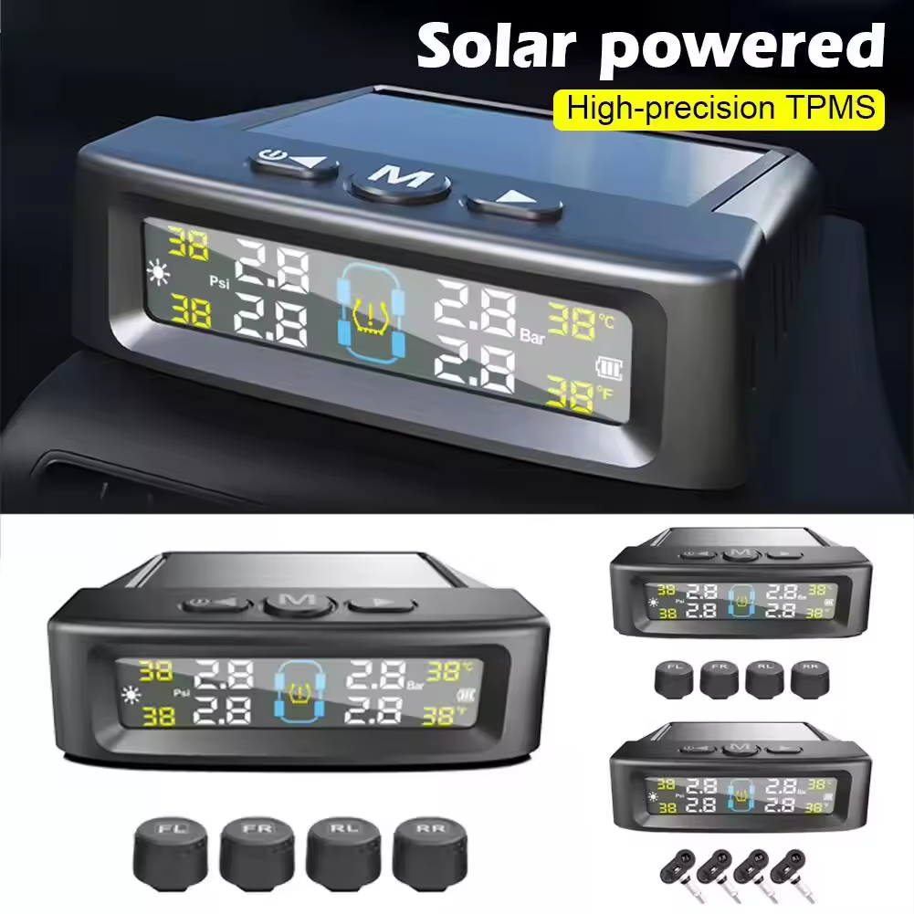 TPMS Tire Pressure Monitoring System Car Safety Alarm System Wireless Solar/USB Powered 4 Sensors With Color Digital Display