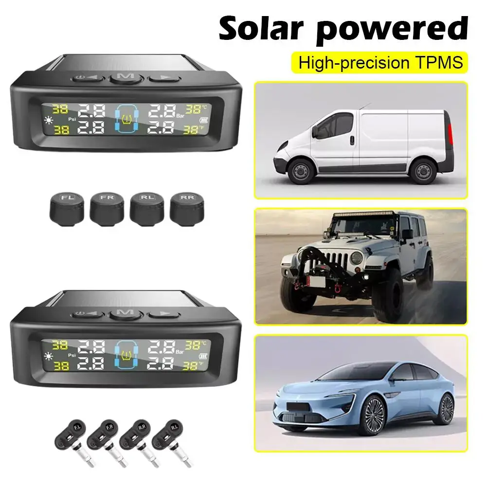 TPMS Tire Pressure Monitoring System Car Safety Alarm System Wireless Solar/USB Powered 4 Sensors With Color Digital Display
