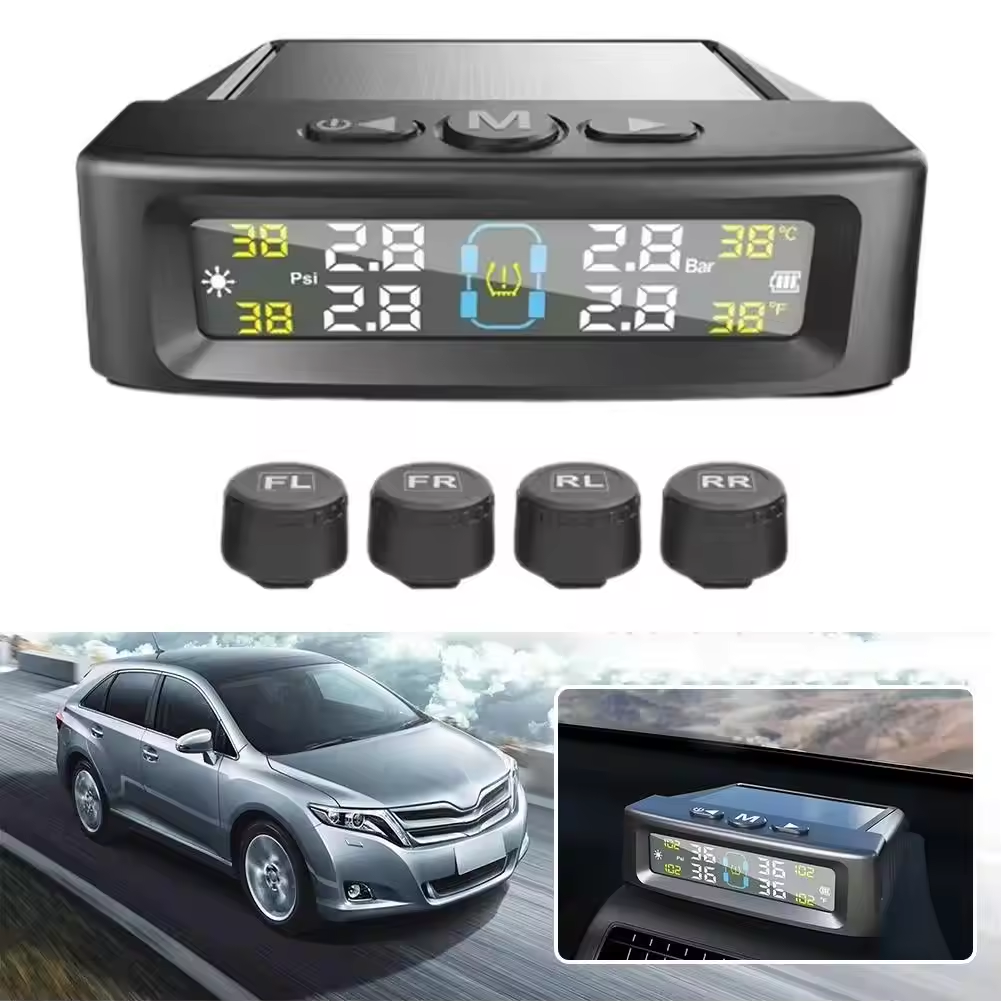 TPMS Tire Pressure Monitoring System Car Safety Alarm System Wireless Solar/USB Powered 4 Sensors With Color Digital Display