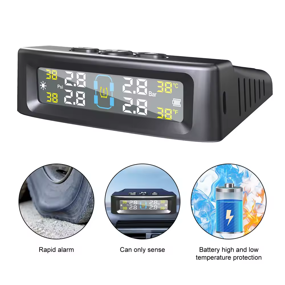TPMS Tire Pressure Monitoring System Car Safety Alarm System Wireless Solar/USB Powered 4 Sensors With Color Digital Display