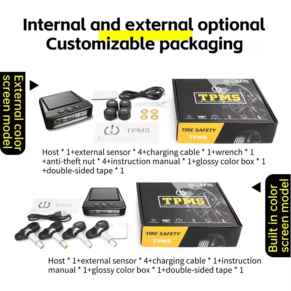 TPMS Tire Pressure Monitoring System Car Safety Alarm System Wireless Solar/USB Powered 4 Sensors With Color Digital Display