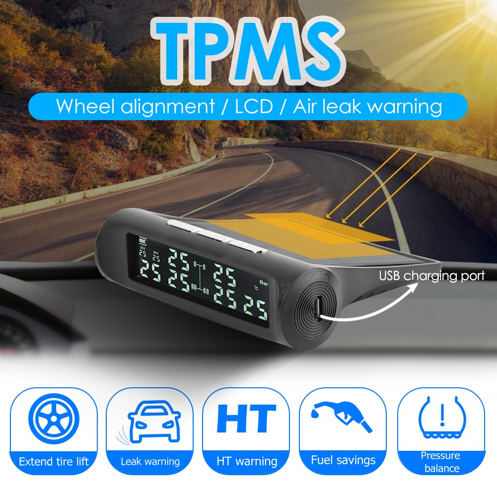 Smart Car TPMS Tire Pressure Monitoring System Solar Power Digital TMPS LCD Display USB Auto Security Alarm Tire Pressure Sensor