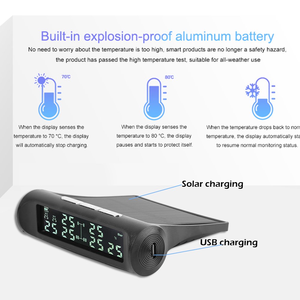 Smart Car TPMS Tire Pressure Monitoring System Solar Power Digital TMPS LCD Display USB Auto Security Alarm Tire Pressure Sensor