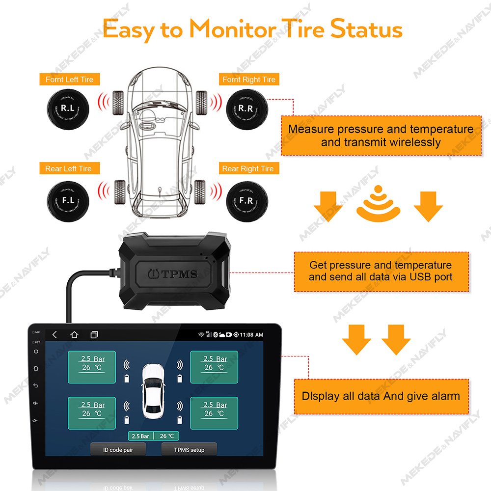 MEKEDE Smart TPMS Car Tire Pressure Alarm Monitor System 4 Sensors Display Solar Intelligent Tire Pressure Temperature Warning