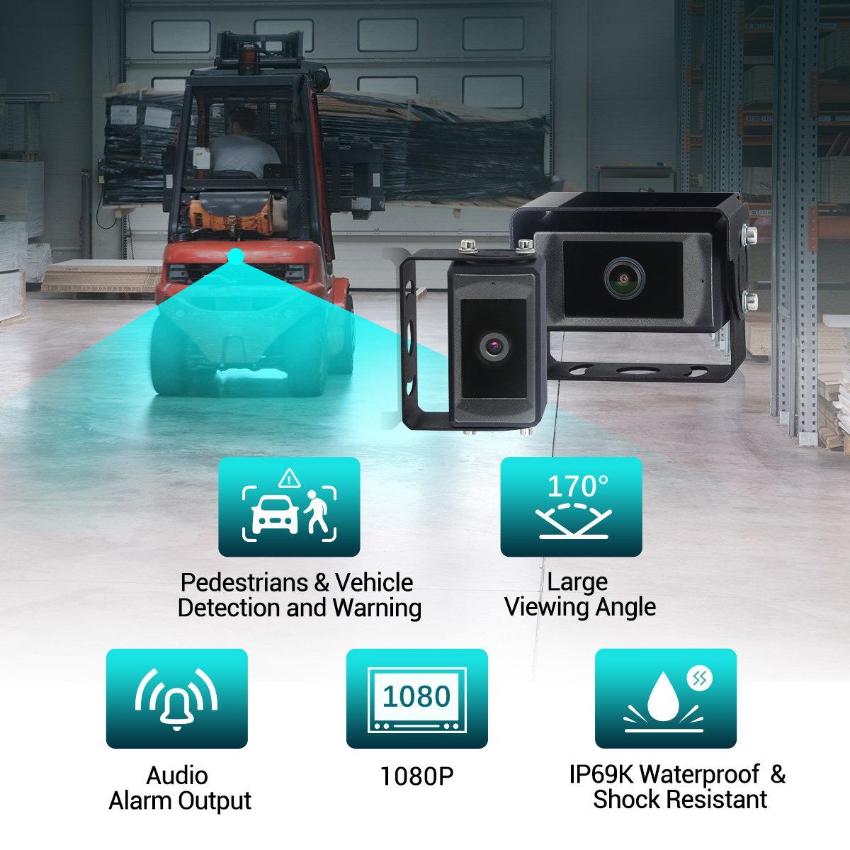 STONKAM Reversing Backup Camera Support AI Blind Spot Pedestrian Detection With Audible and Visual Alarm for Truck Forklift