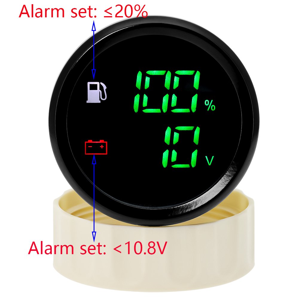 2 in 1 Dual 52mm Fuel Level Gauge+Voltmeter with Alarm Light 0-190 Ohm Fuel Level Sensor for Universal Marine Boat Car 12V 24V