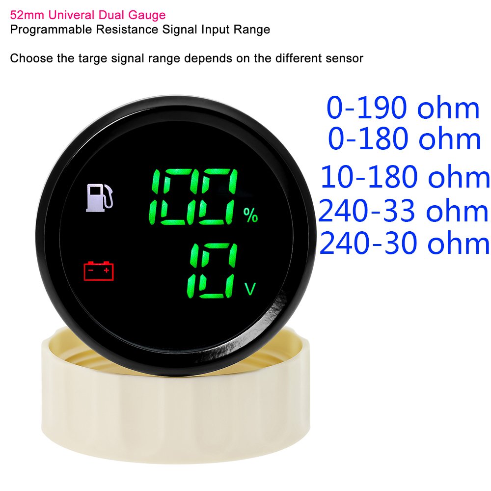 2 in 1 Dual 52mm Fuel Level Gauge+Voltmeter with Alarm Light 0-190 Ohm Fuel Level Sensor for Universal Marine Boat Car 12V 24V