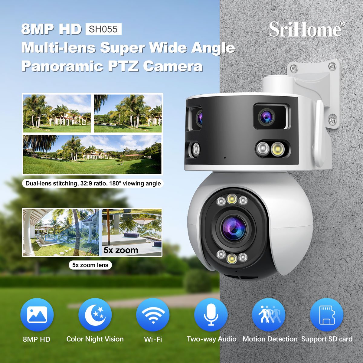 SriHome Multi-lens PTZ Camera 8MP WIFI Network Camera 5x Optical Zoom Supports Human Face Car Recognition for Outdoor Security