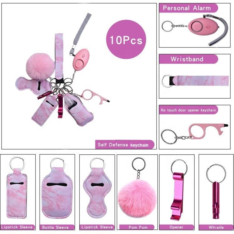 Multi-color Self Defense Keychain Pom Pom Safety Alarm Car Window Breaker Women Self Defense Keychain Set