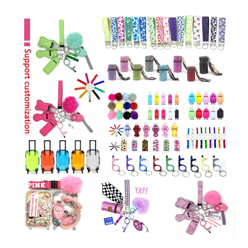 Multi-color Self Defense Keychain Pom Pom Safety Alarm Car Window Breaker Women Self Defense Keychain Set