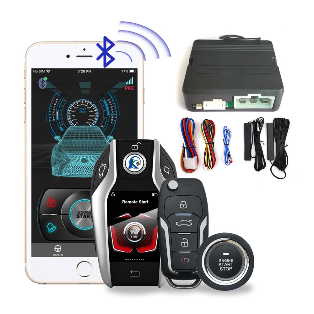 CARQSENG PKE Remote Start Stop Car Alarms with Smart LCD Car Key and Phone App Control