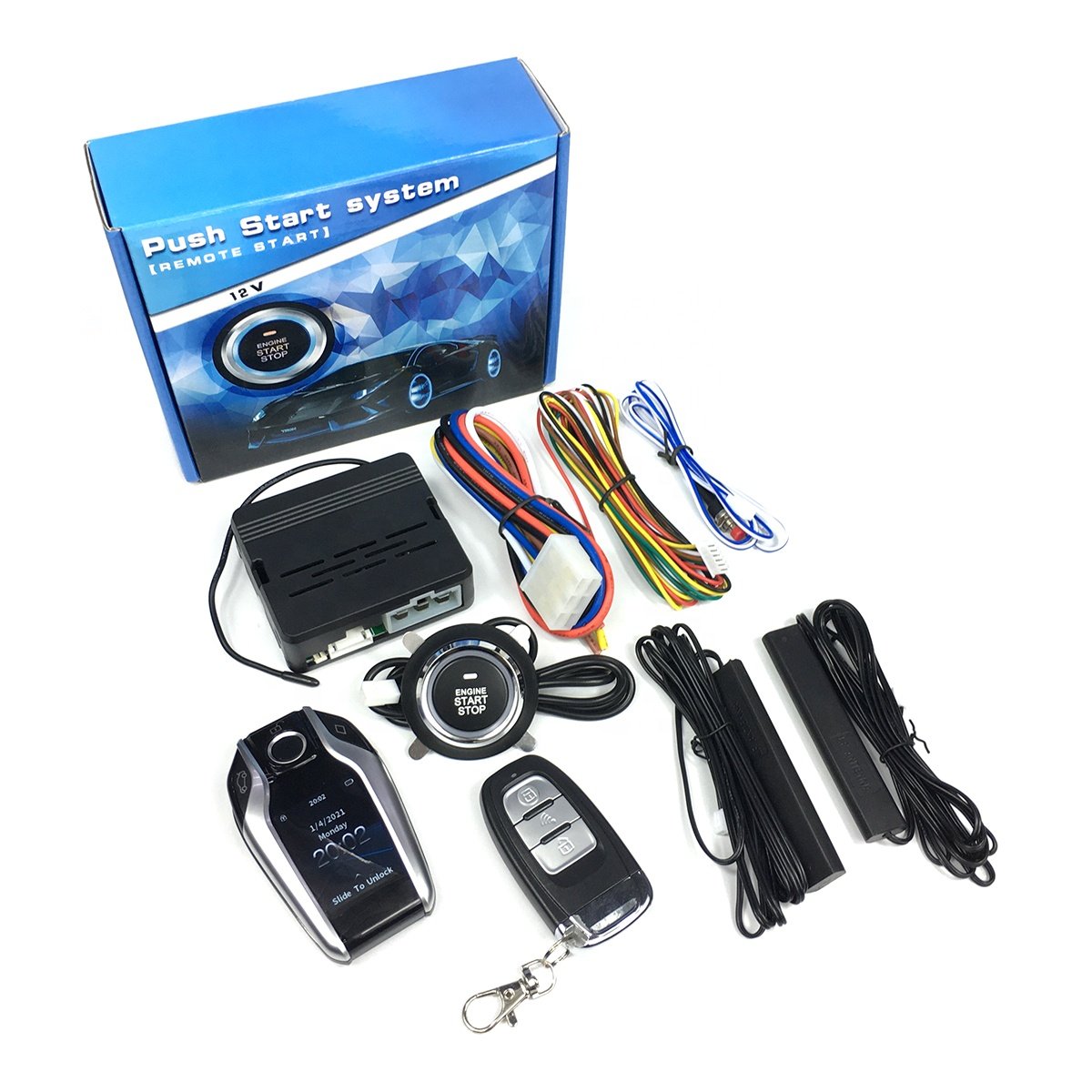 CARQSENG PKE Remote Start Stop Car Alarms with Smart LCD Car Key and Phone App Control