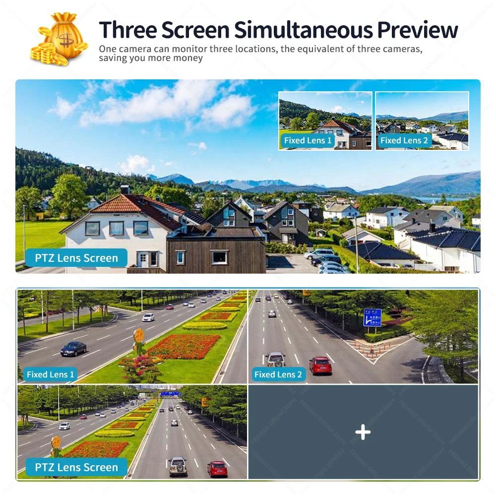 Outdoor 12MP 4G/WIFI Network PTZ Camera Three Lens Three Screen AI Detect 360 Bullet Wireless 4G Security Cctv Camera