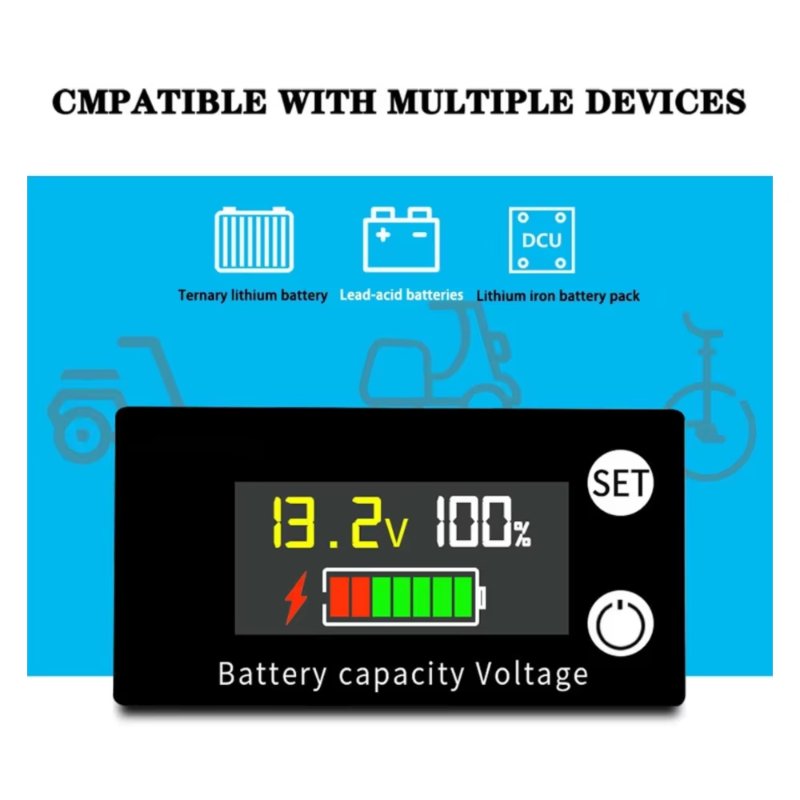 Battery Capacity Indicator DC 8V-100V Lead Acid Lithium LiFePO4 Car Motorcycle Voltmeter Voltage Gauge 12V 24V 48V 72V 6133A