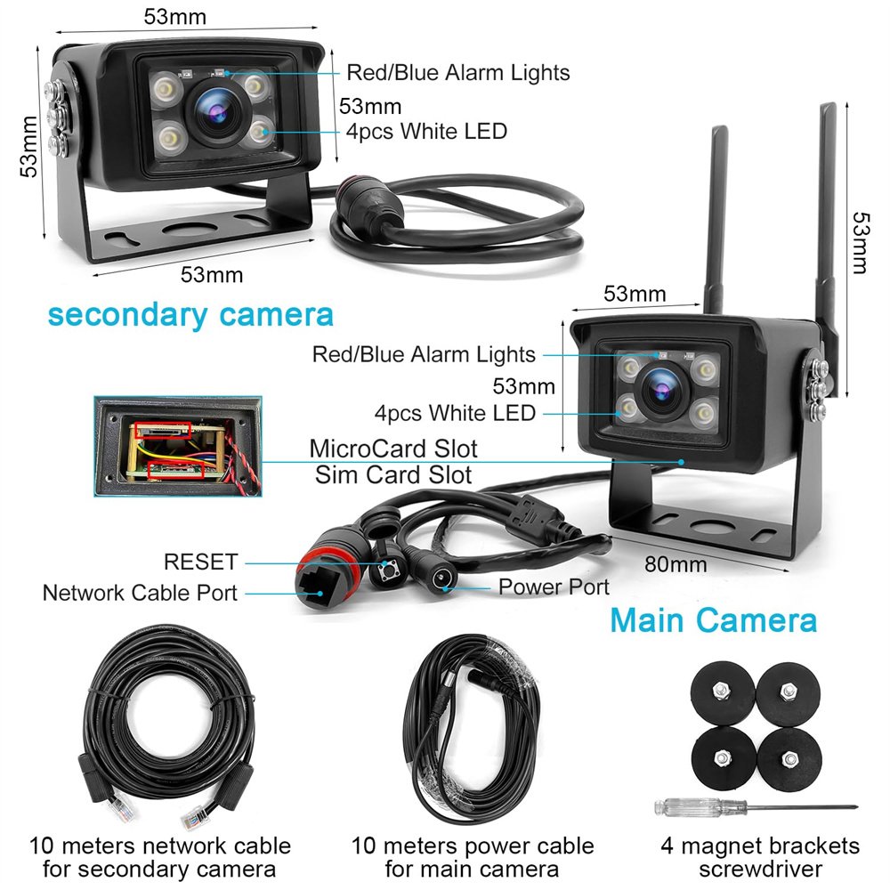 Dual Outdoor Security Camera 3G/4G Sim Card Truck Sound Light Alarms Remote Indoor Surveillance RV Camper Trailer Caravan Truck