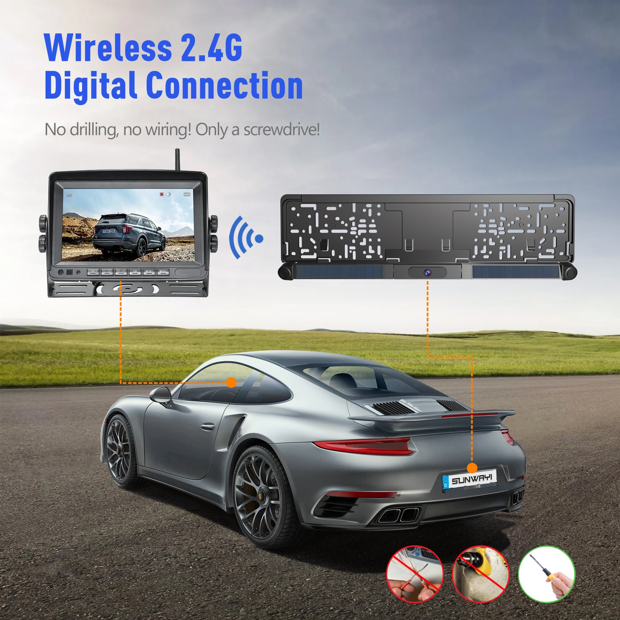 DIY Wireless 720P HD EU License Plate Rear View Back up Cameras With 7 Inch Solar 2.4GHz Digital Monitor and Reversing Sensors