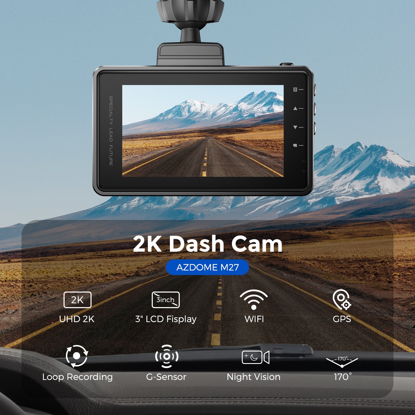 AZDOME M27 Front 2k 1440P 3 Inch Screen Auto Camera Dash Cam Built-in Wifi GPS Car Black Box Night Vision Car Camera for
