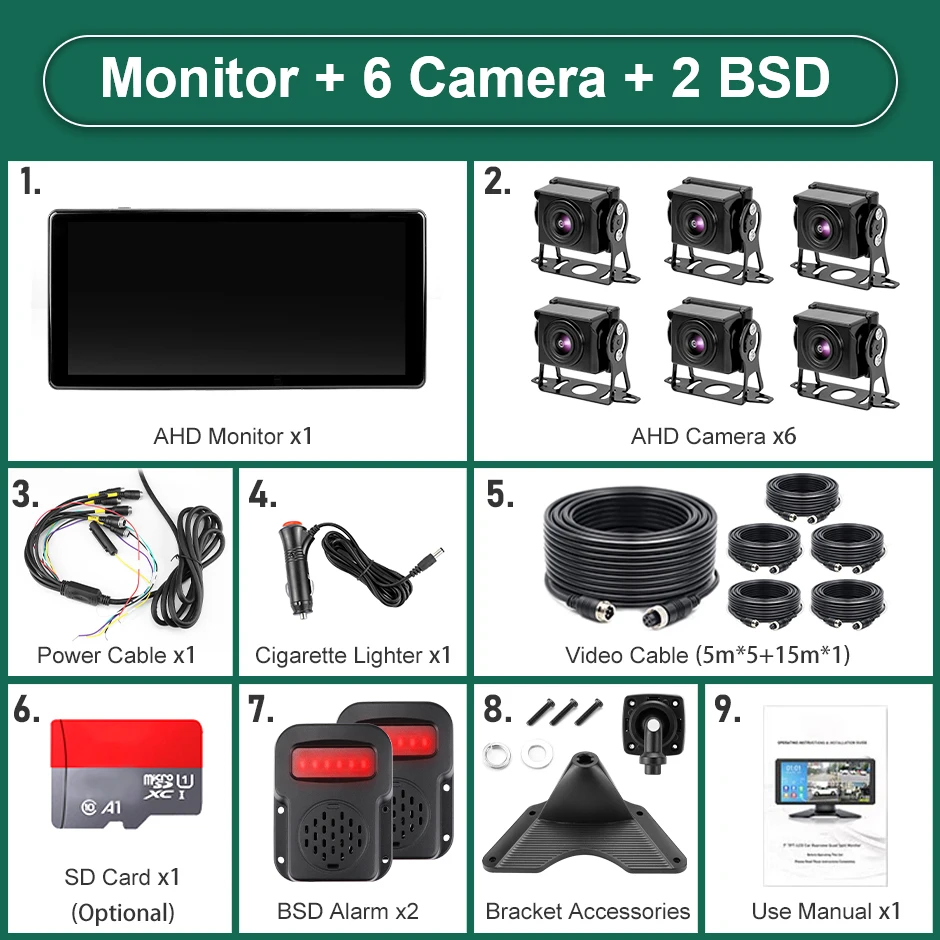 10.36 Inch 6 Split Screen Smart Blind Spot Radar BSD Alarm Truck Bus Car DVR Recorder Monitor and 6 PCS AHD Video Camera
