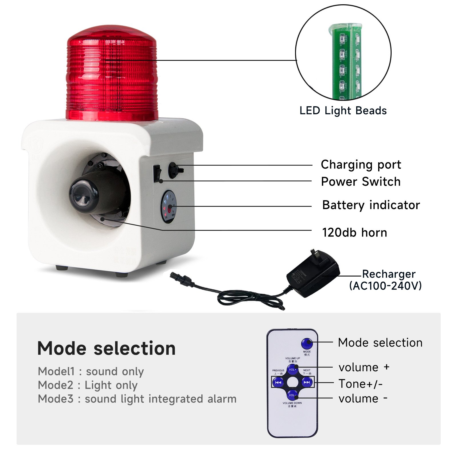 YASONG Portable Motion Sensor Alarm Siren AC100-240V 120dB Car Alarm System LED Strobe Waterproof Motion Sensor Alarm Outdoor