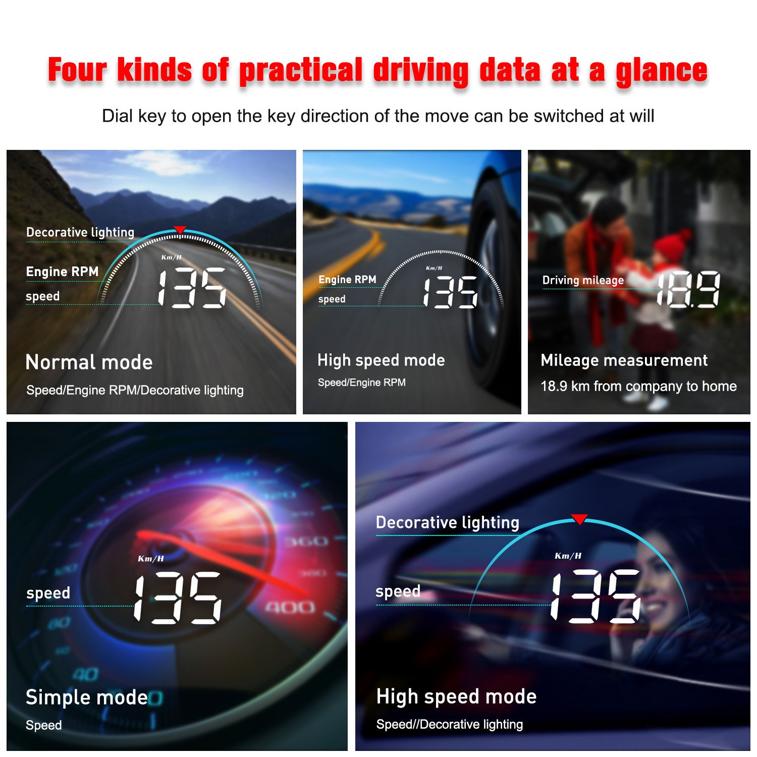 Universal Car Display Screen with HUD OBD2 LCD Heads Display Projector Portable Windshield Projector Speedometer Clock Function
