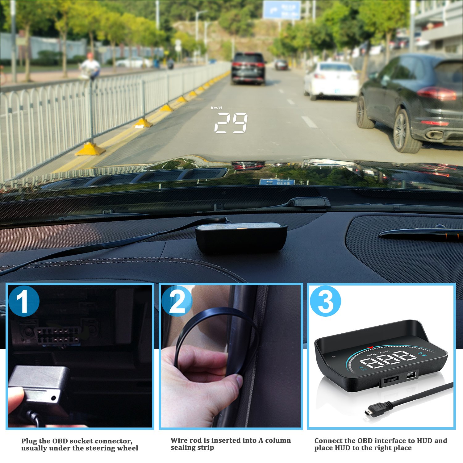 Universal Car Display Screen with HUD OBD2 LCD Heads Display Projector Portable Windshield Projector Speedometer Clock Function