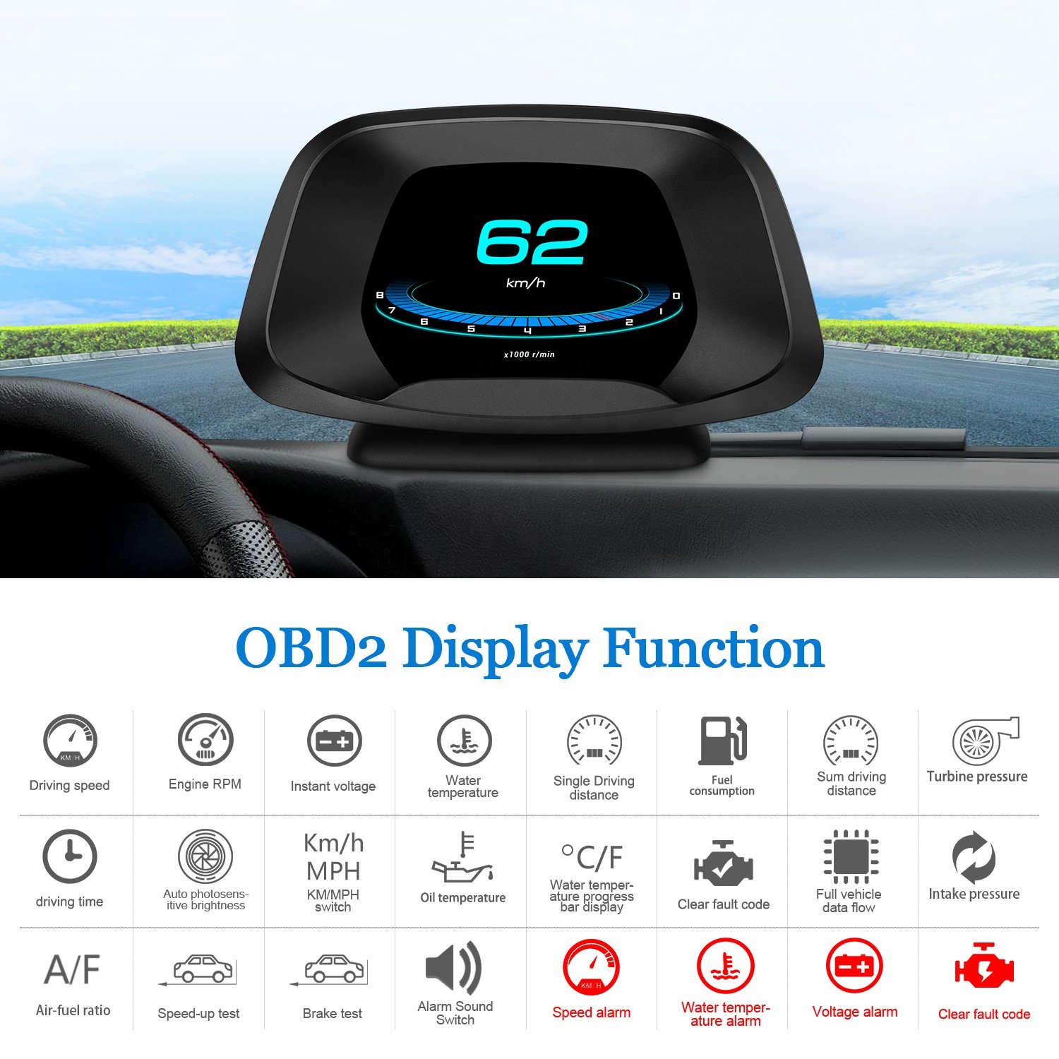P19 Car HUD Head up Display OBD+GPS Smart Gauge Speed Clock Display LCD Placement OBD Over-speed Alarm