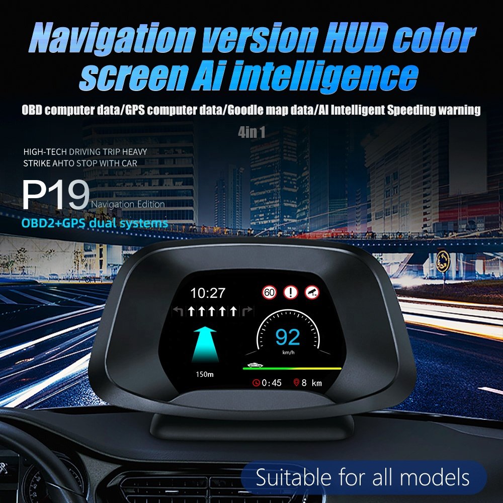 P19 Car HUD Head up Display OBD+GPS Smart Gauge Speed Clock Display LCD Placement OBD Over-speed Alarm