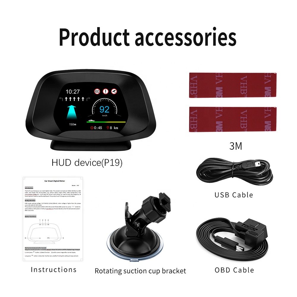 P19 Car HUD Head up Display OBD+GPS Smart Gauge Speed Clock Display LCD Placement OBD Over-speed Alarm