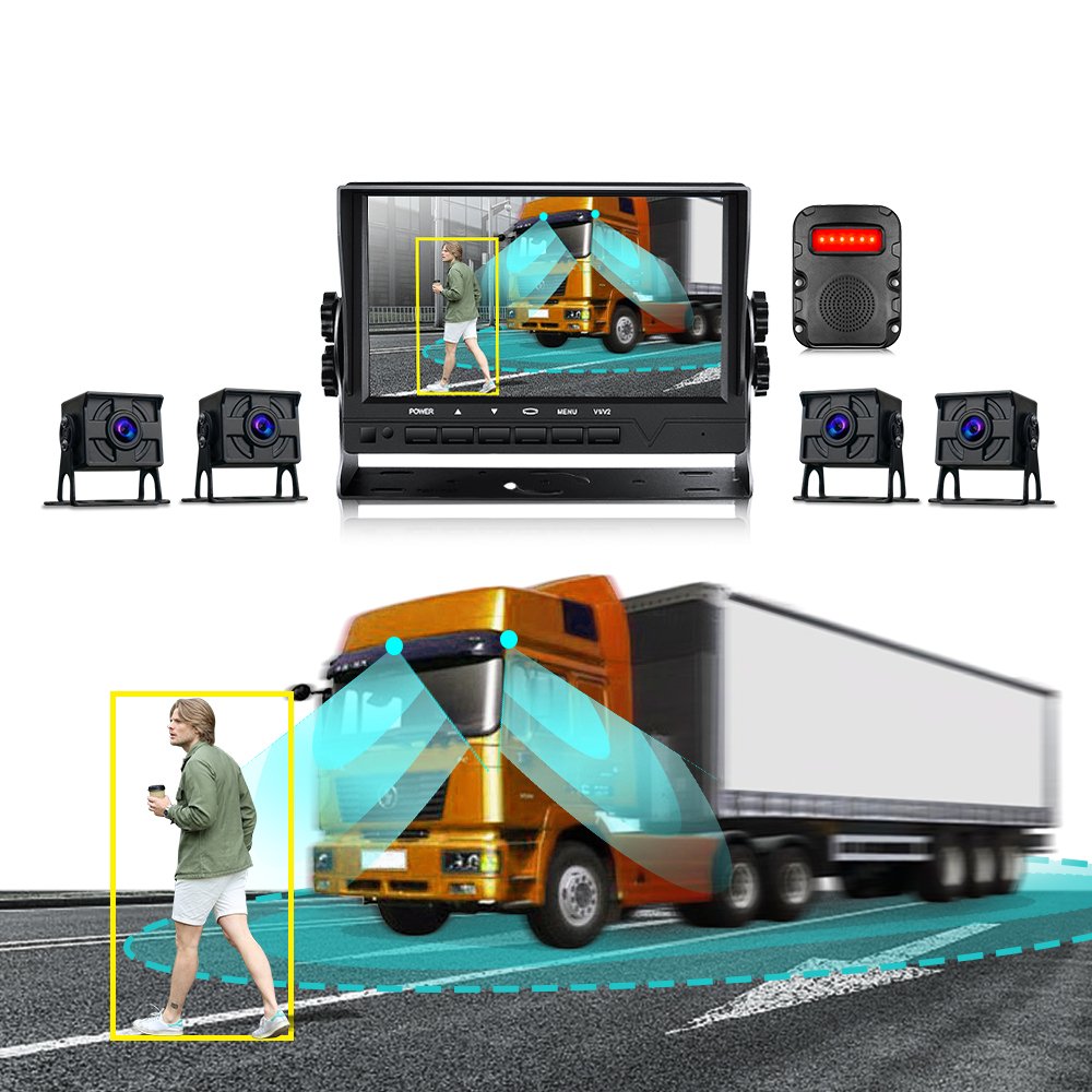 7-Inch 4CH 24-hour BSD Rearview Human Pedestrian Blind Spot Detection Car Reversing Aid Truck Camera System Audible Visual Alarm