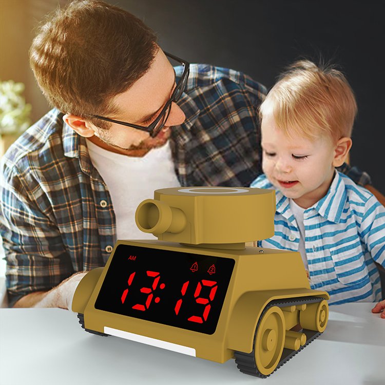 Competitor Digital Kids Dual Alarm Screen Auto Photosensitive Tank Model Clock Alarm Clock on Wheels