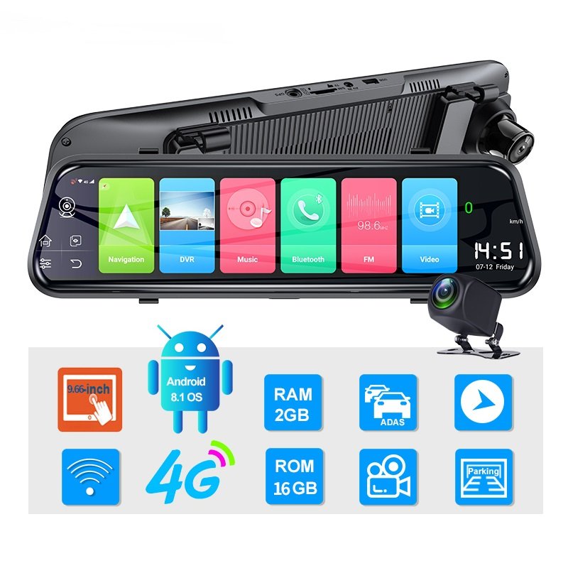 9.66 Inch Touch Screen Smart Streaming Mirror Car Camera 4G Internet DVR Recorder Android 8.1 GPS Navigation 2GB+16GB