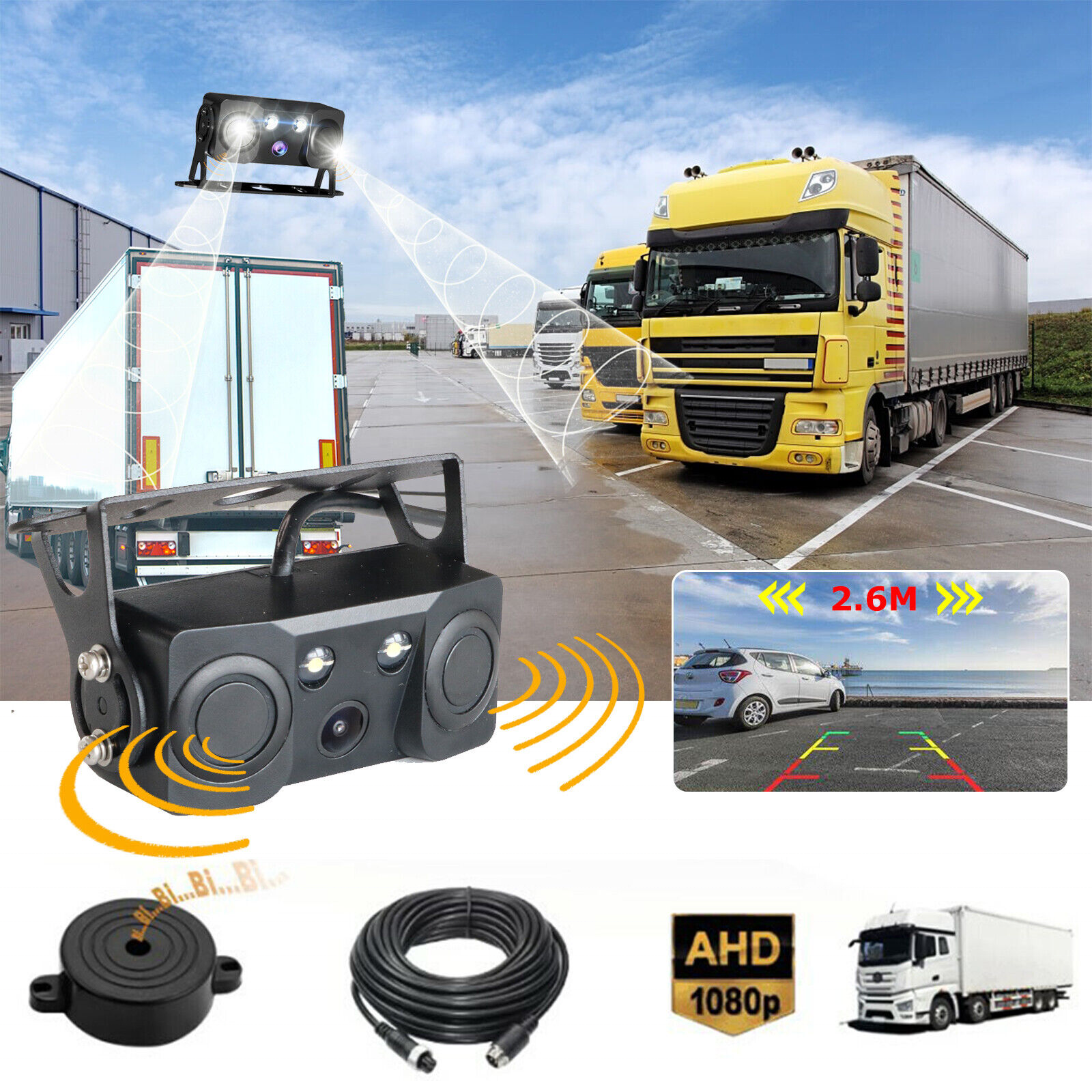 IPoster 4PIN 3-In-1 AHD 1080P PAL 2x Truck Parking Radar Sensors Beeper Alarm and Reversing Rear View Backup Camera Sensor Kit