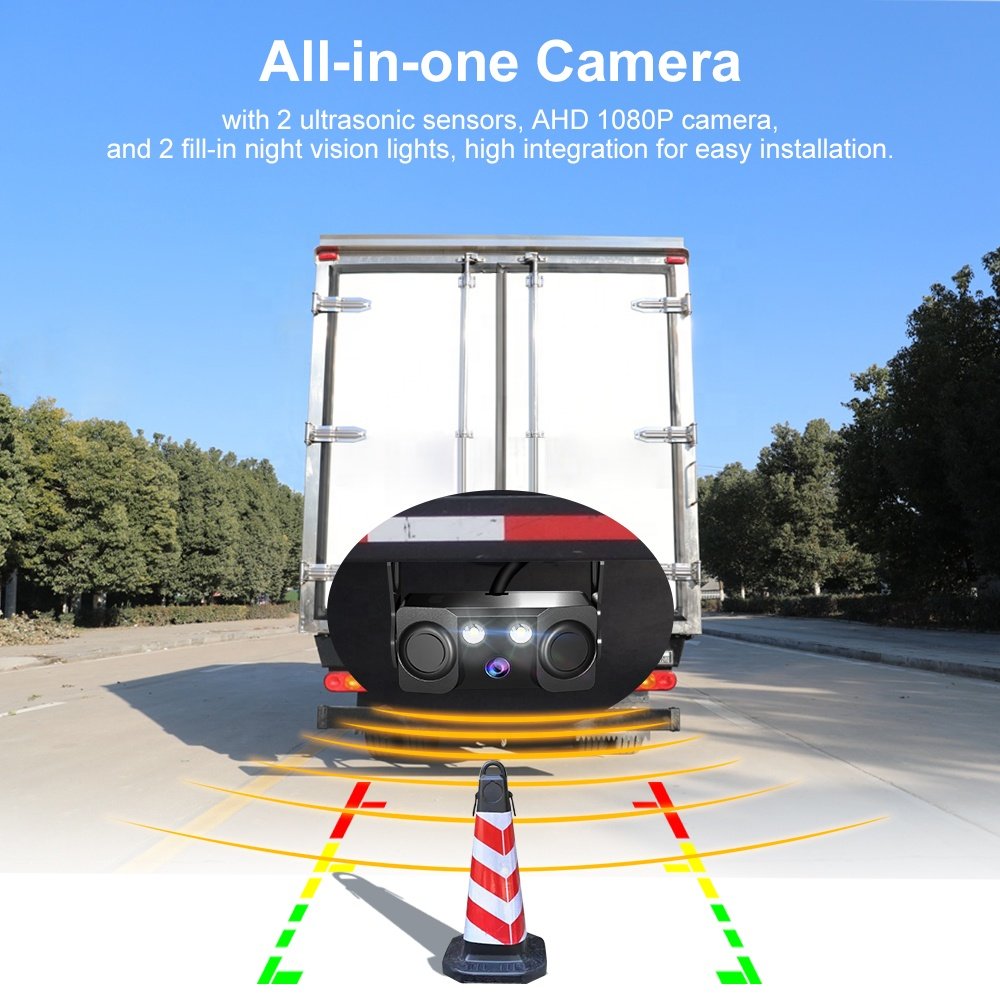 IPoster 4PIN 3-In-1 AHD 1080P PAL 2x Truck Parking Radar Sensors Beeper Alarm and Reversing Rear View Backup Camera Sensor Kit