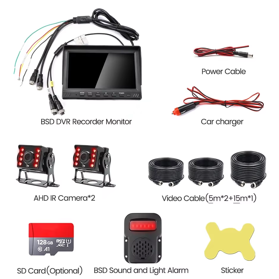 7 Inch 2 Channel Smart Blind Spot Radar BSD Alarm Truck Bus RVs Car DVR Recorder Monitor with 2 PCS AHD 1080P Parking Camera