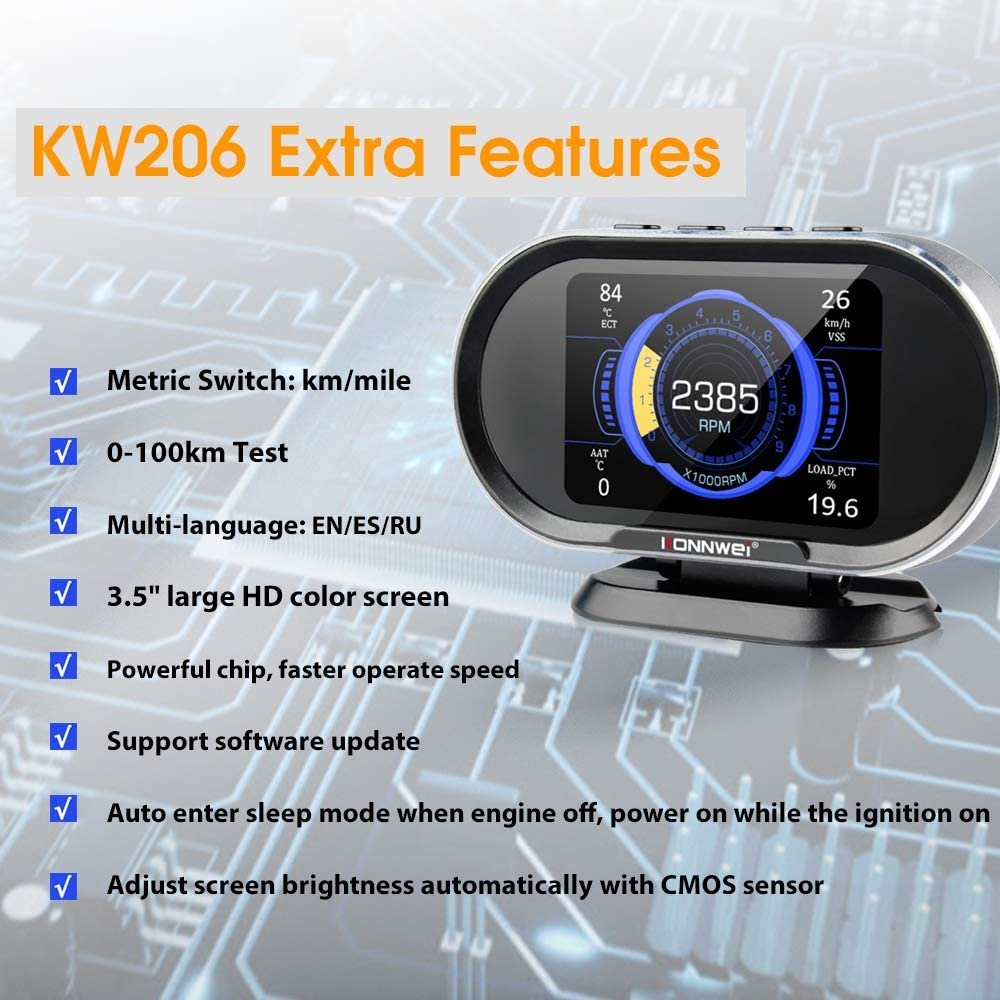 Spanish KONNWEI KW206 OBD2 EOBD CAN Escanner Automotriz + HUD Auto Meter with Alarms