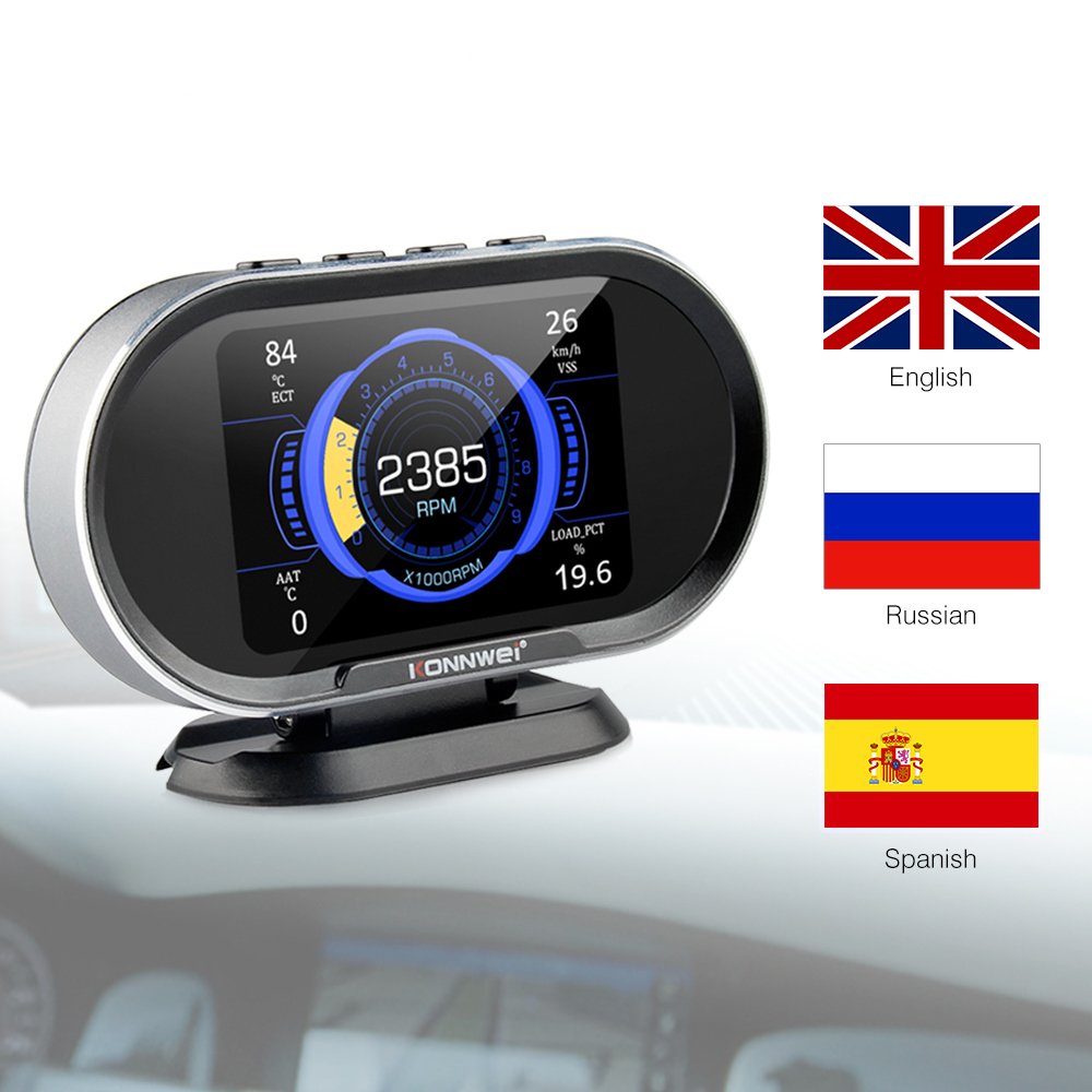 Spanish KONNWEI KW206 OBD2 EOBD CAN Escanner Automotriz + HUD Auto Meter with Alarms