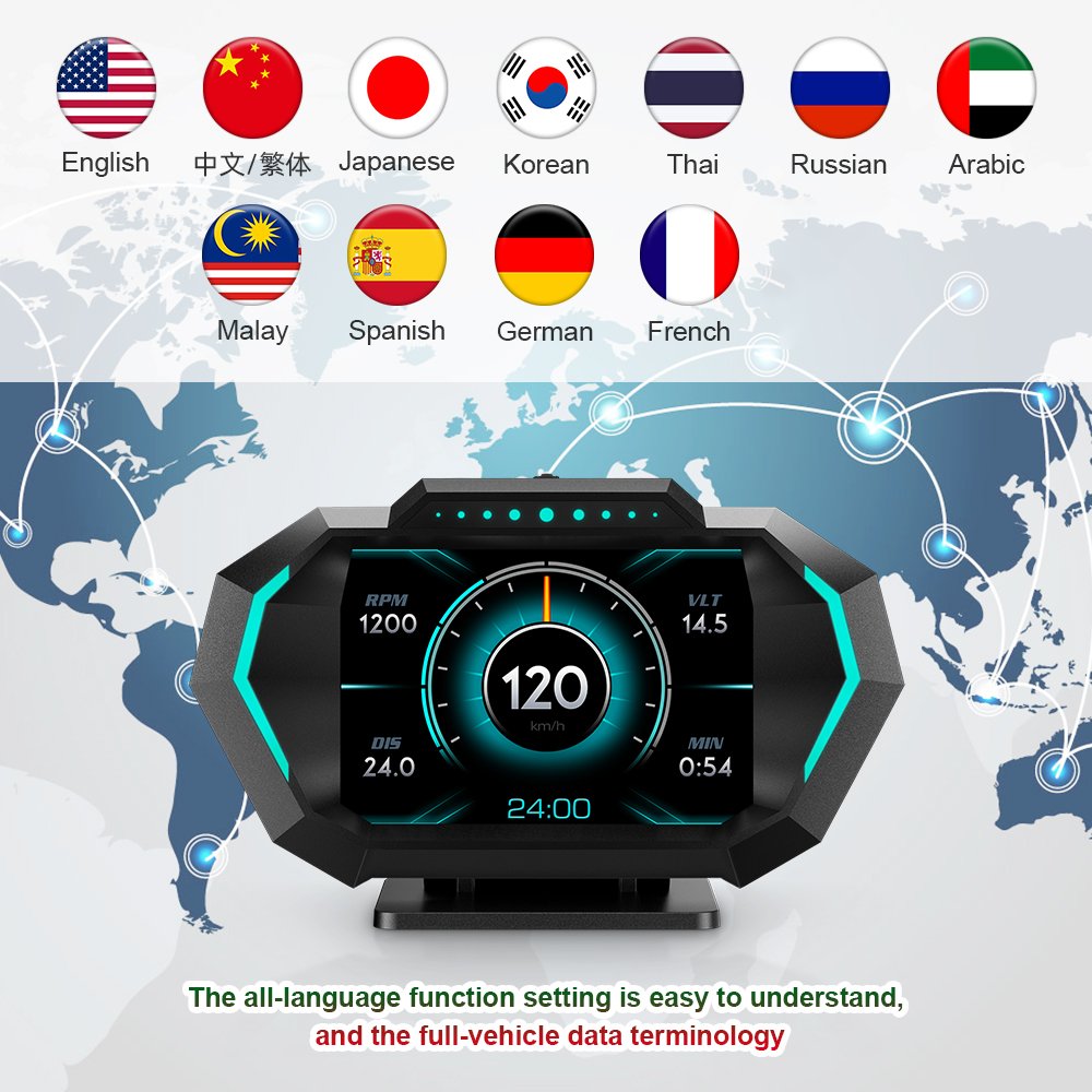 Universal OBD2+GPS HUD Smart Gauge P24 Support 11 Country Language Digital Speedometer Water Temp Fuel Pressure Slope Meter