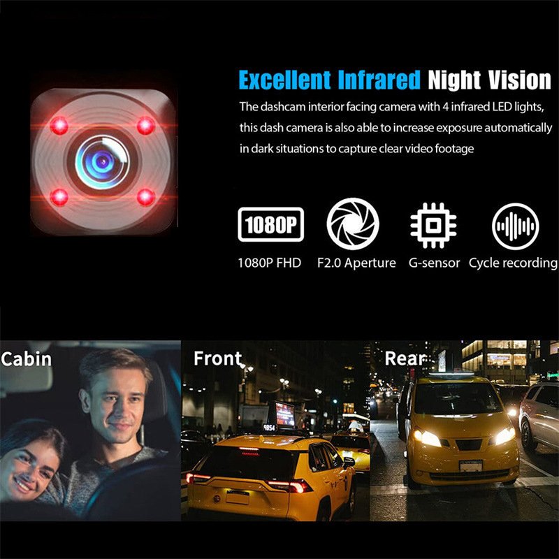 Dashcam 3 Lens Car Black Box DVR 1080P Dash Cam Camera Front Rear& Inside Cam Avto Video-Registrator for Car