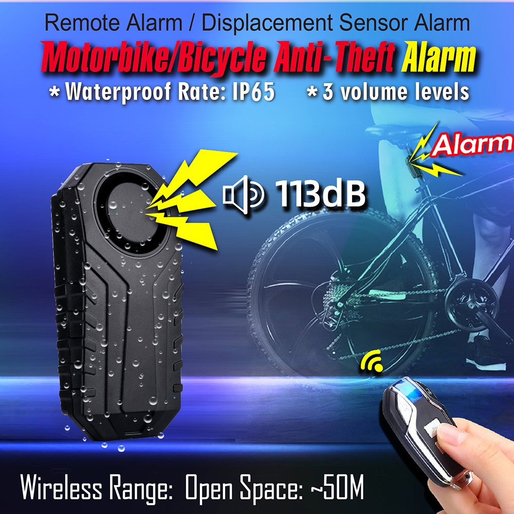 Wireless 7-Level Sensitivity Bicycle Motorcycle Alarm 113dB Super Loud Sound with Remote Control Included Home Security System