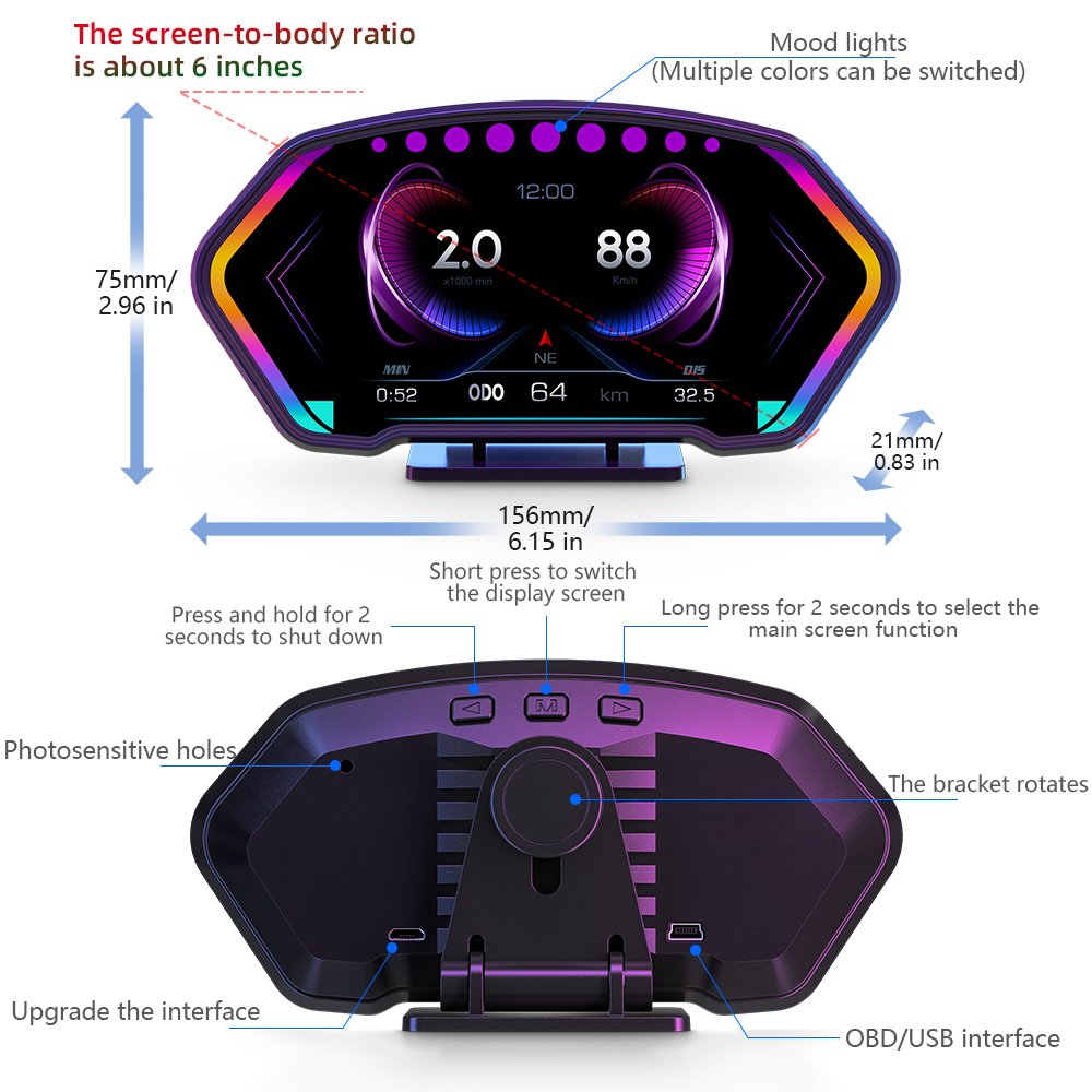 2024 Newest Auto Gauge Hud P3 LCD Screen Multi Function HUD Speedometer GPS OBD2 Car Head up Display