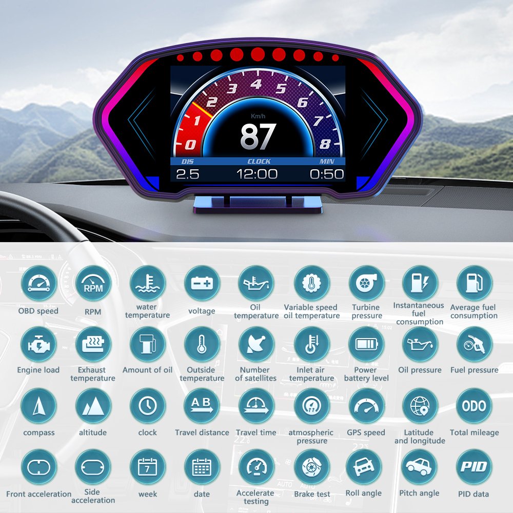 2024 Newest Auto Gauge Hud P3 LCD Screen Multi Function HUD Speedometer GPS OBD2 Car Head up Display