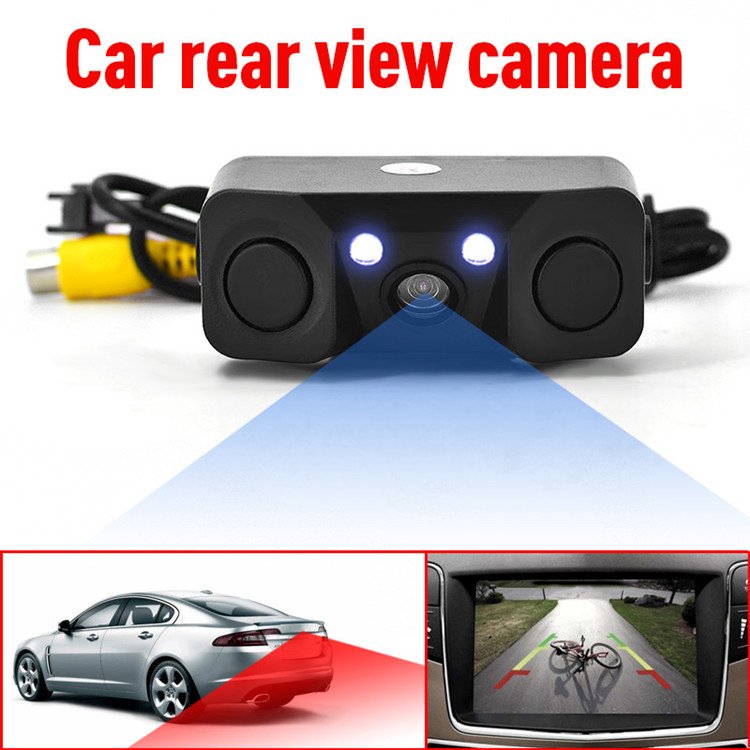 3 in 1 Car Parking Sensor Car Reverse Backup Rear View Camera With 2 Radar Detector Sensors Indicator Buzzer Alarm Car Camera