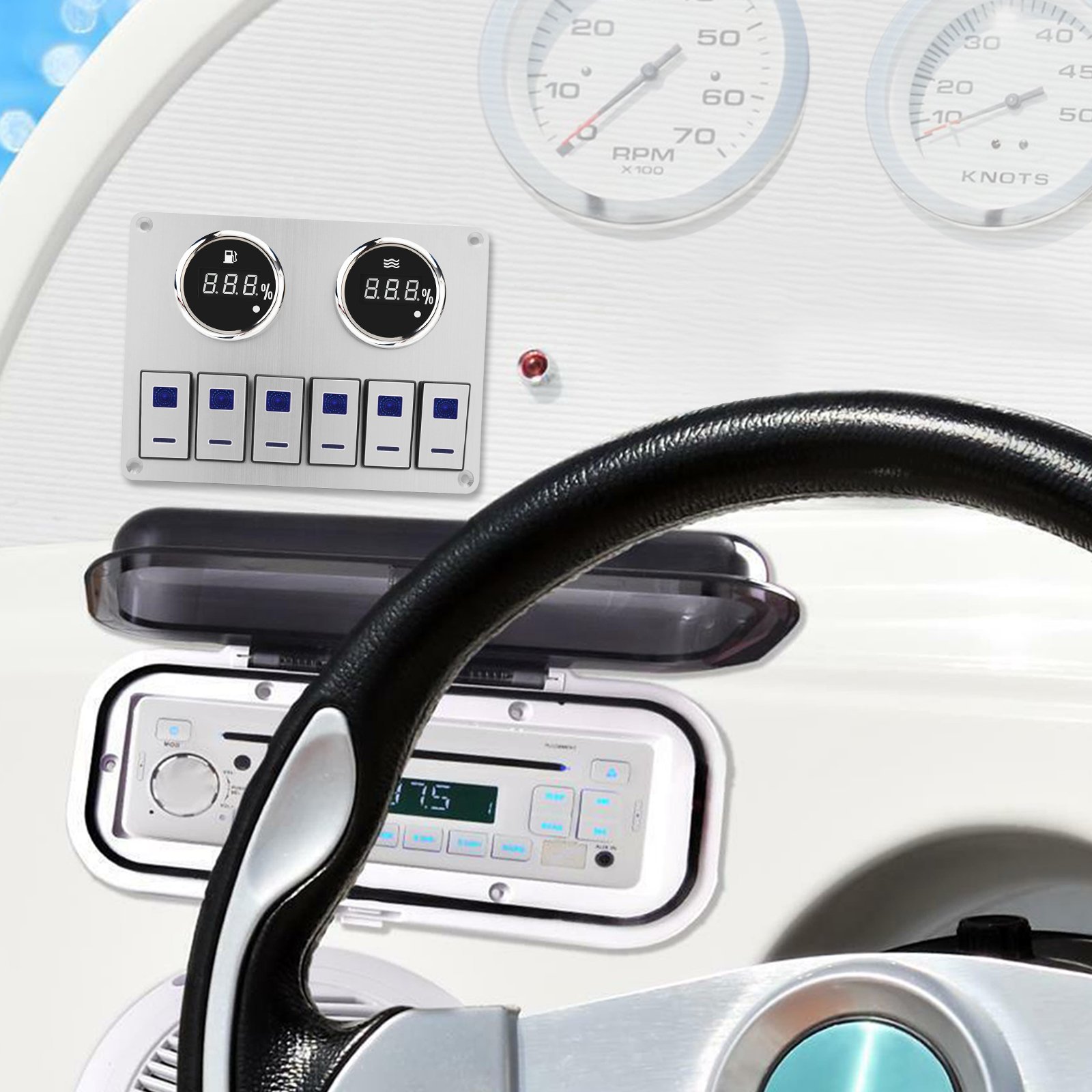 6 Gang Switch Panel with Water Level Gauge+Fuel Meter 52mm 12V/24V Rocker Switch Panel for Truck RV Yacht Marine Car