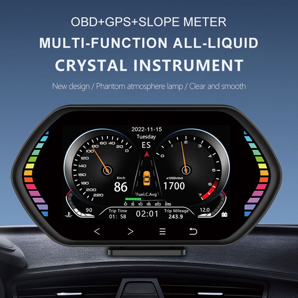 Podofo 2023 F12 HUD Head-Up Display OBD+GPS+Slope Meter Display Car Digital Speedometer IPS Oil Temp Speed for Vehicle