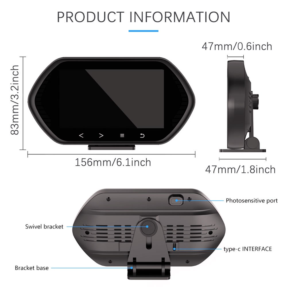 Podofo 2023 F12 HUD Head-Up Display OBD+GPS+Slope Meter Display Car Digital Speedometer IPS Oil Temp Speed for Vehicle