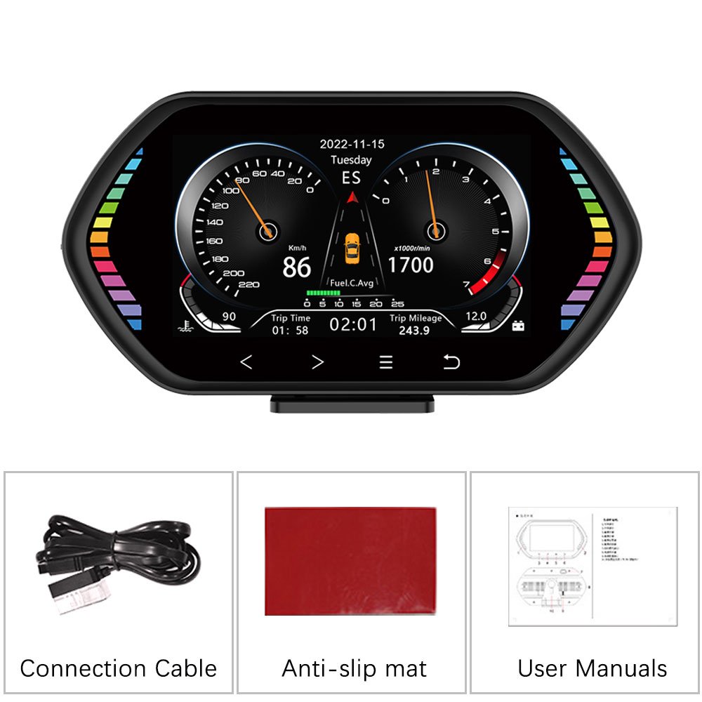 Podofo 2023 F12 HUD Head-Up Display OBD+GPS+Slope Meter Display Car Digital Speedometer IPS Oil Temp Speed for Vehicle
